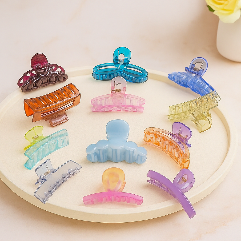 12 Pieces Multi Design Glossy Hair Claw - Medium Size